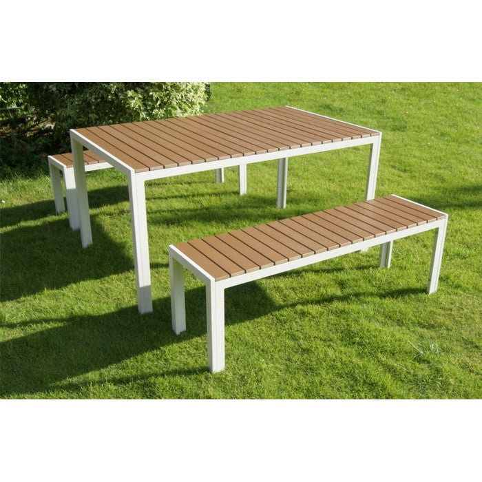 Anodized Aluminum Table And Bench Set In White (Set of 3)