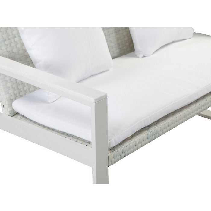 Upholstered Anodized Aluminum Cushioned Sofa with Rattan, White