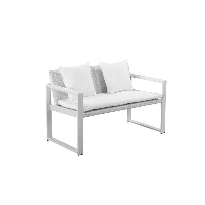 Upholstered Anodized Aluminum Cushioned Sofa with Rattan, White