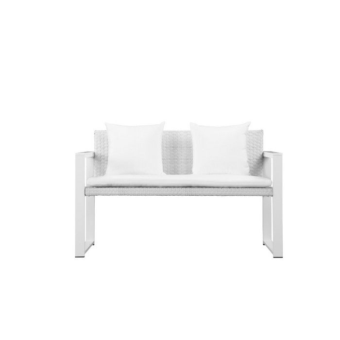 Upholstered Anodized Aluminum Cushioned Sofa with Rattan, White