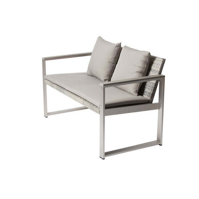 Anodized Aluminum Upholstered Cushioned Sofa with Rattan, Gray/Taupe