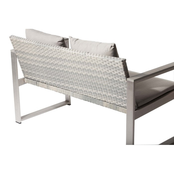 Anodized Aluminum Upholstered Cushioned Sofa with Rattan, Gray/Taupe