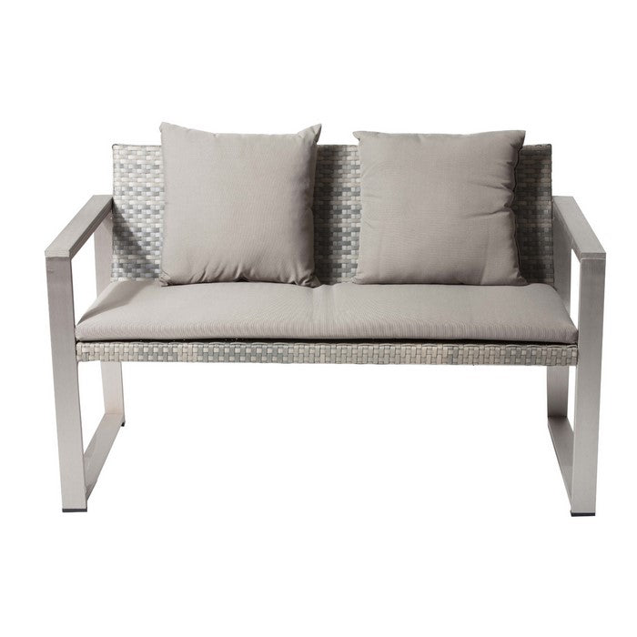 Anodized Aluminum Upholstered Cushioned Sofa with Rattan, Gray/Taupe