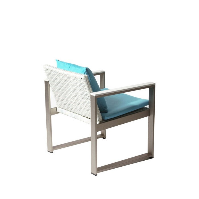 Anodized Aluminum Upholstered Cushioned Chair with Rattan, White/Turquoise