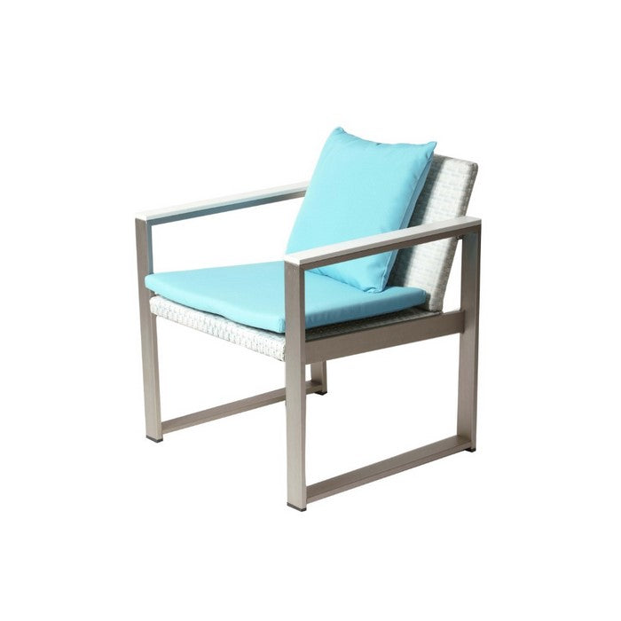 Anodized Aluminum Upholstered Cushioned Chair with Rattan, White/Turquoise