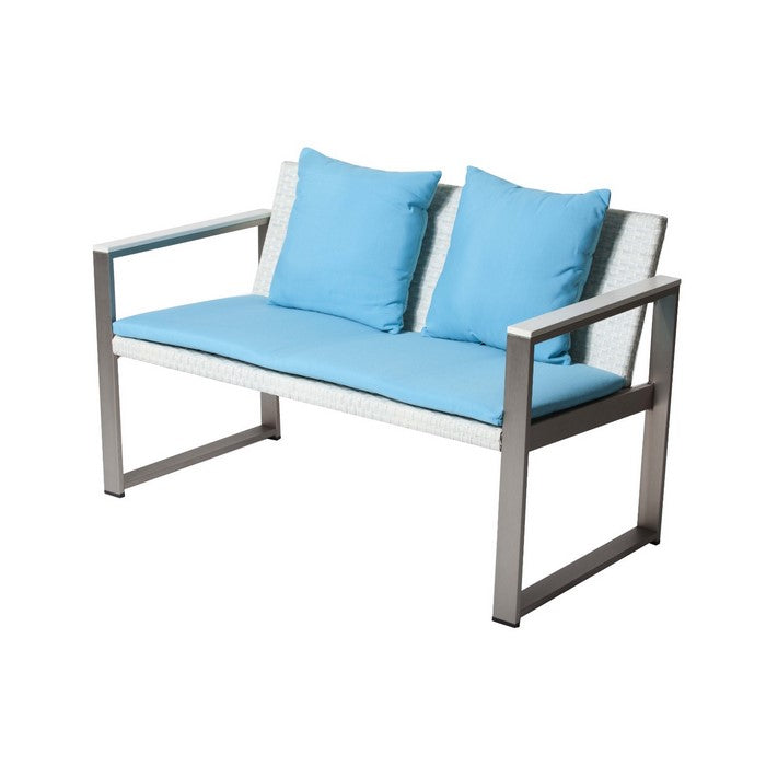 Aluminum Upholstered Cushioned Sofa with Rattan, White/Turquoise