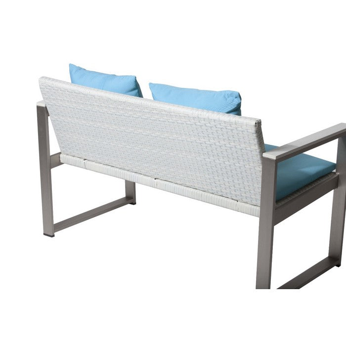 Aluminum Upholstered Cushioned Sofa with Rattan, White/Turquoise