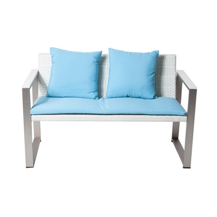 Aluminum Upholstered Cushioned Sofa with Rattan, White/Turquoise