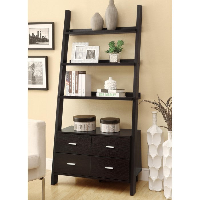Ladder Bookcase With 4 Storage Drawers And Open Shelves, Cappuccino