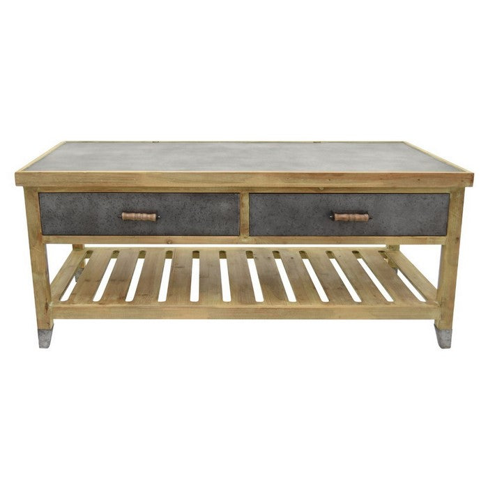 Wooden Coffee Table With 2 Drawers And Lower Slatted Shelf Brown