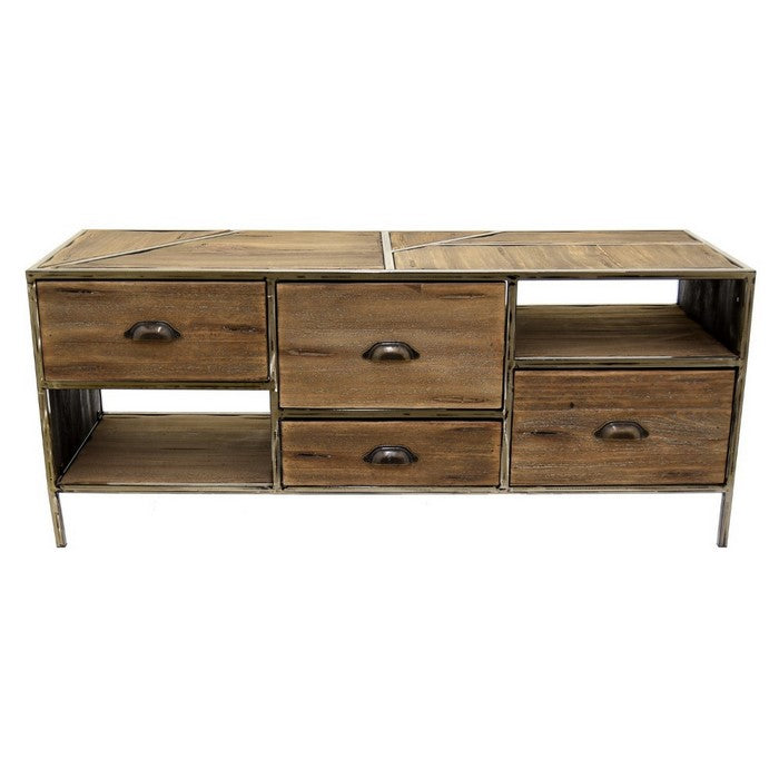 Metal & Wood Entertainment Table With Multiple Drawers And Shelves