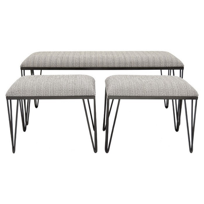 Metal Bench With Upholstered Seats, Set of 3, Gray