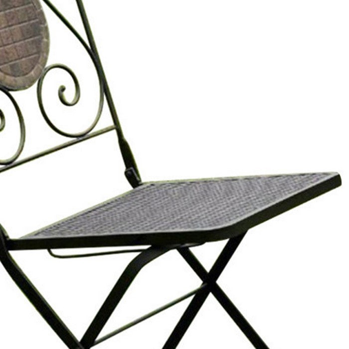 2 Piece Minimalistic Folding Metal Chair WithDecoration On Back, Black