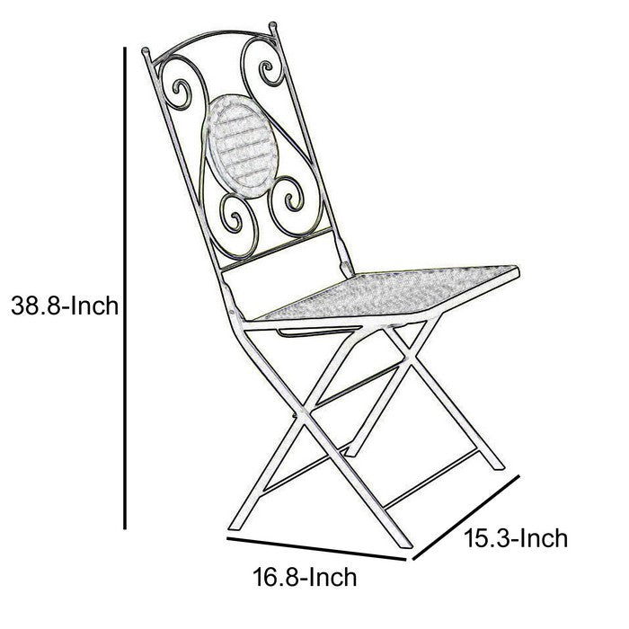 2 Piece Minimalistic Folding Metal Chair WithDecoration On Back, Black