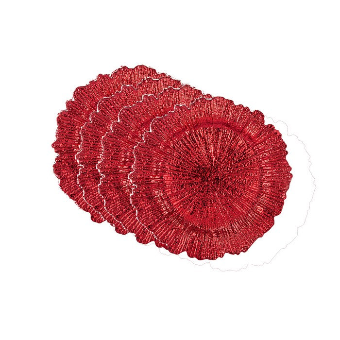 Round Plastic Charger Plate With Electroplating Finish, Red, Set of 4