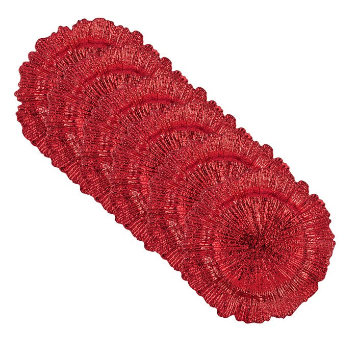 Round Plastic Charger Plate With Electroplating Finish, Red, Set of 6