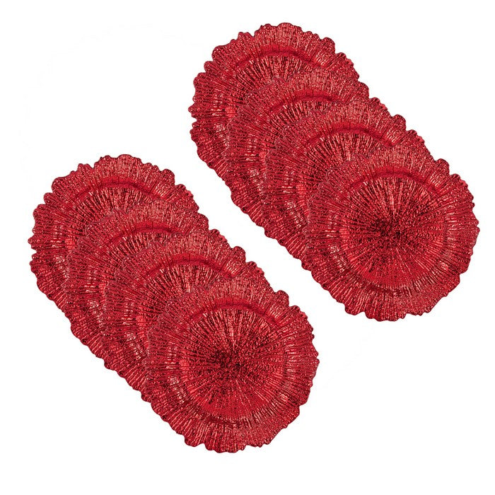 Round Plastic Charger Plate With Electroplating Finish, Red, Set of 8