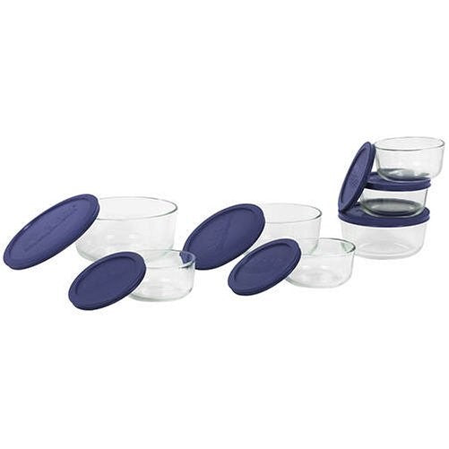 Pyrex 6022369 Storage 14-Piece Round Set, Clear with Blue Lids