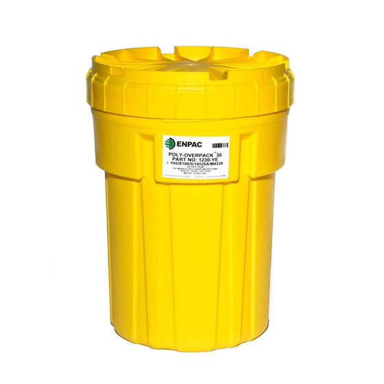 Enpac 1230-YE Poly-Overpack Salvage Drum, 30 Gallons Spill Capacity, 22-1/4" Top Diameter x 18" Bottom Diameter x 30" Height