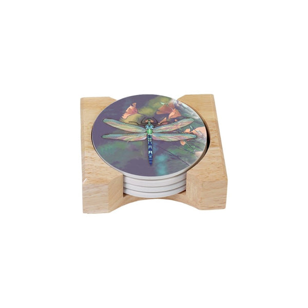 CounterArt Dragonfly Design Round Absorbent Coasters in Wooden Holder, Set of 4