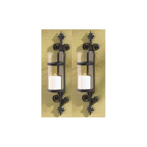 2 Black FLEUR de LIS Candle Garden Wall Hurricane SCONCES French Scroll Holder