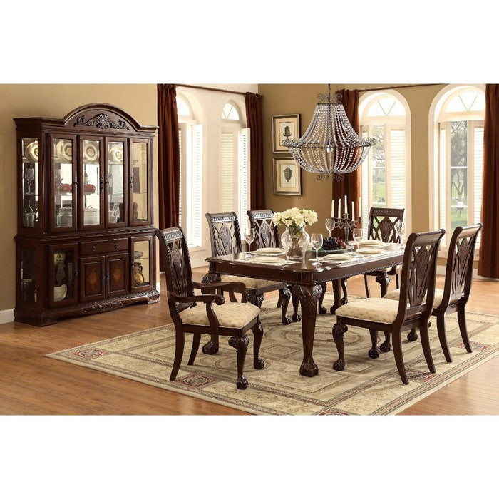Traditional Style Wooden-Fabric Dinning Arm Chair With Carved Details, Brown & Cream, Set of 2