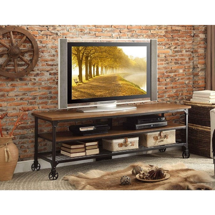 Metallic TV Stand With Wooden Top And Shelf, Brown, Black