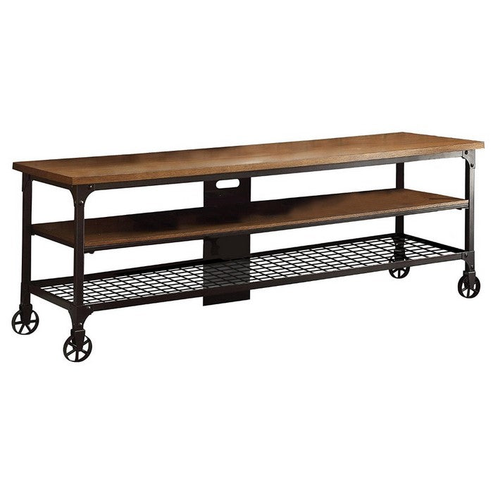 Metallic TV Stand With Wooden Top And Shelf, Brown, Black