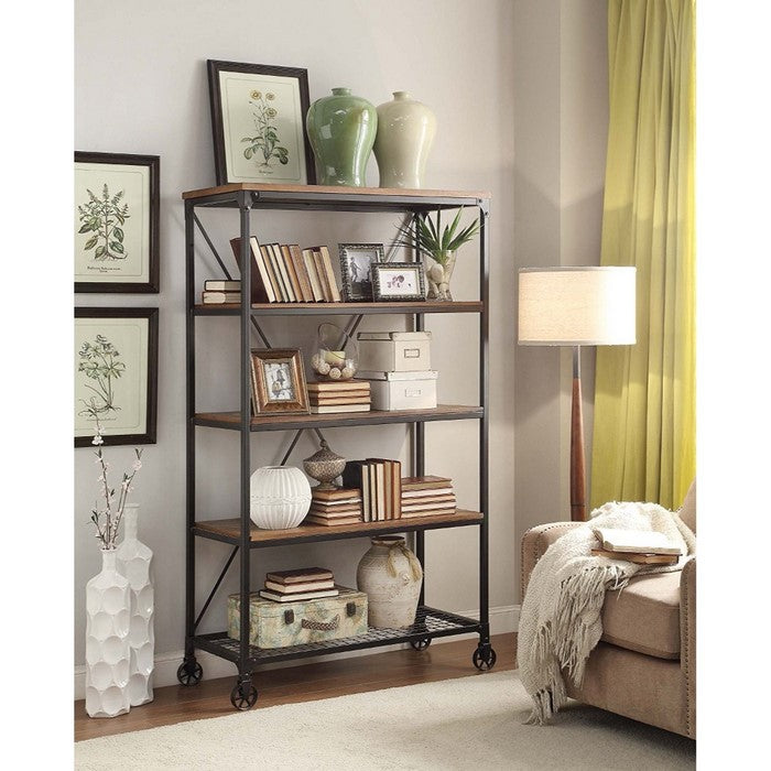Metallic Book Case With Wooden Top And Shelves, Brown & Black
