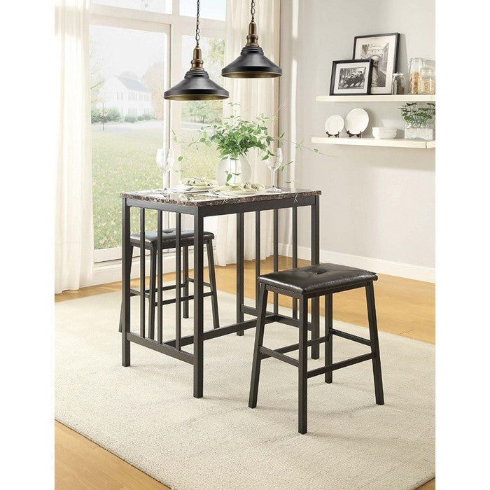 Counter Height Set In Metal, Faux Marble & Leatherette, Black, Set Of 3
