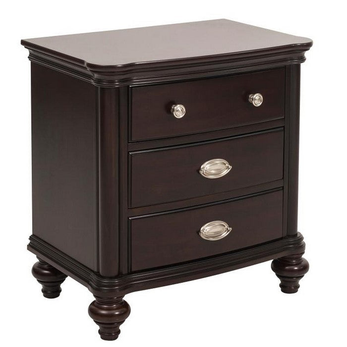 Wooden Nightstand With Three Drawers in Dark Cherry