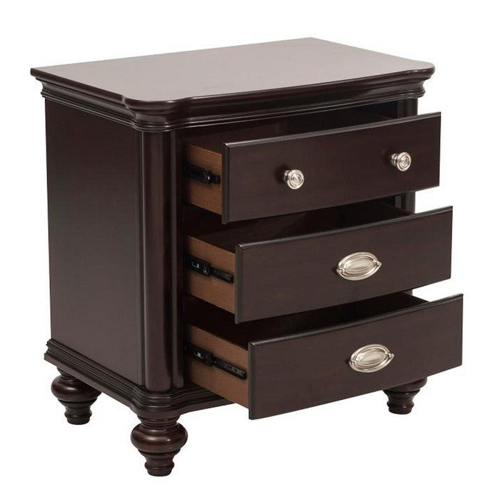 Wooden Nightstand With Three Drawers in Dark Cherry
