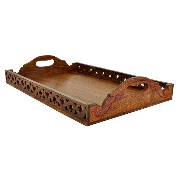 Benzara Wooden Ottoman/Serving Tray With Cutout Handles In Antiqued Finish, Brown