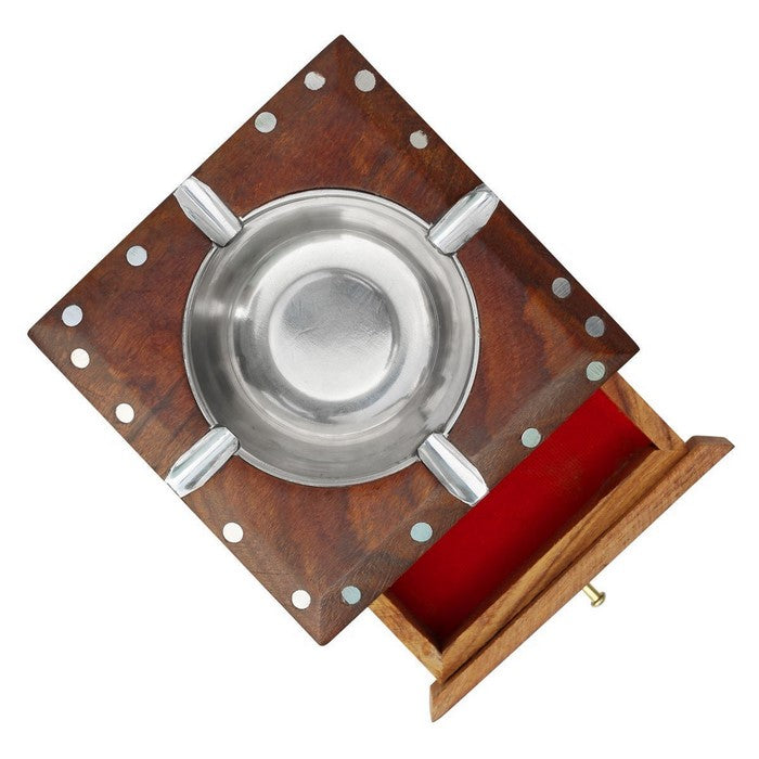 Benzara Square Wooden Elephant Motif Cigarette Ashtray With 4 Slots, Brown