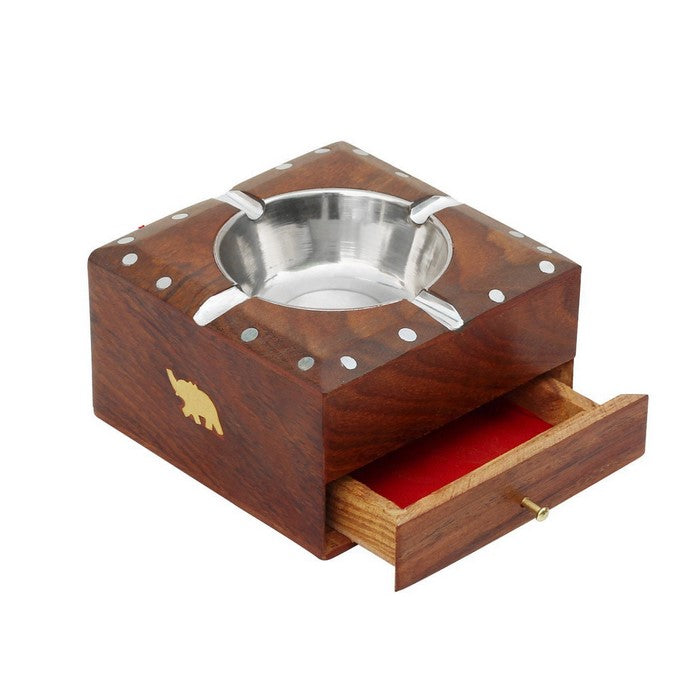 Benzara Square Wooden Elephant Motif Cigarette Ashtray With 4 Slots, Brown