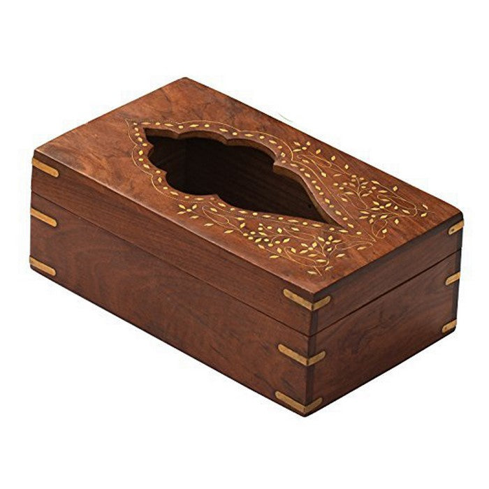 Benzara Rectangular Rosewood Tissue Box Cover with Brass Inlays