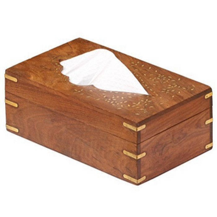 Benzara Rectangular Rosewood Tissue Box Cover with Brass Inlays