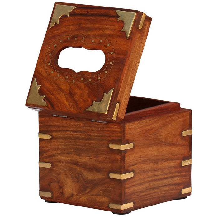 Benzara Square Rosewood Tissue Box Cover/Paper Dispenser with Brass Inlays