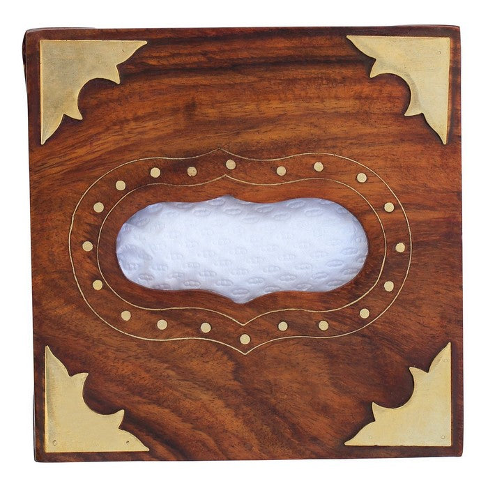 Benzara Square Rosewood Tissue Box Cover/Paper Dispenser with Brass Inlays