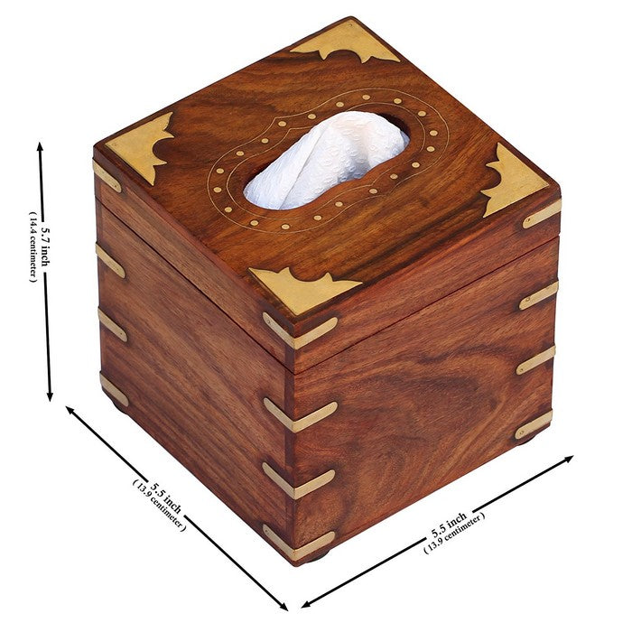 Benzara Square Rosewood Tissue Box Cover/Paper Dispenser with Brass Inlays