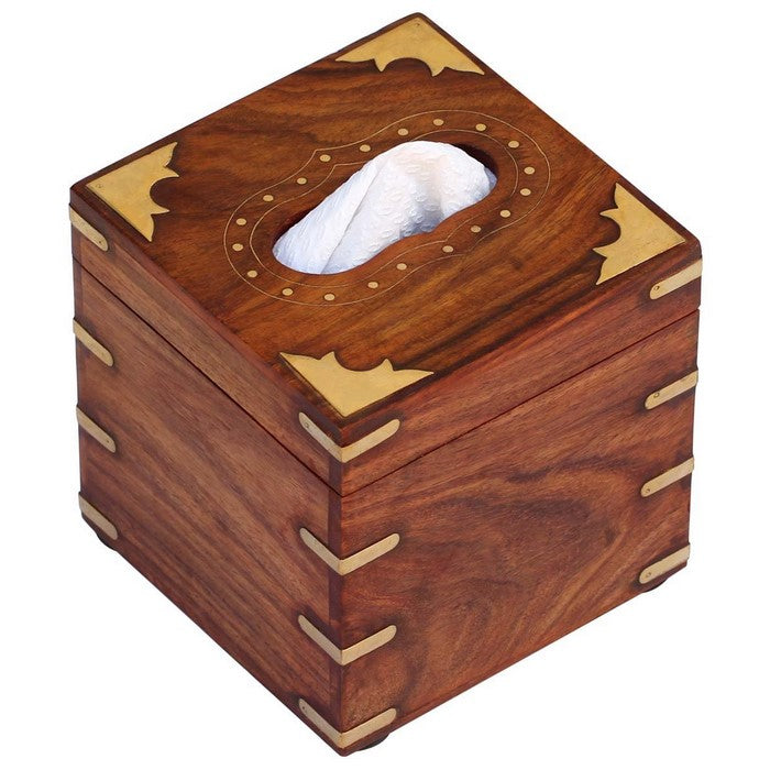 Benzara Square Rosewood Tissue Box Cover/Paper Dispenser with Brass Inlays