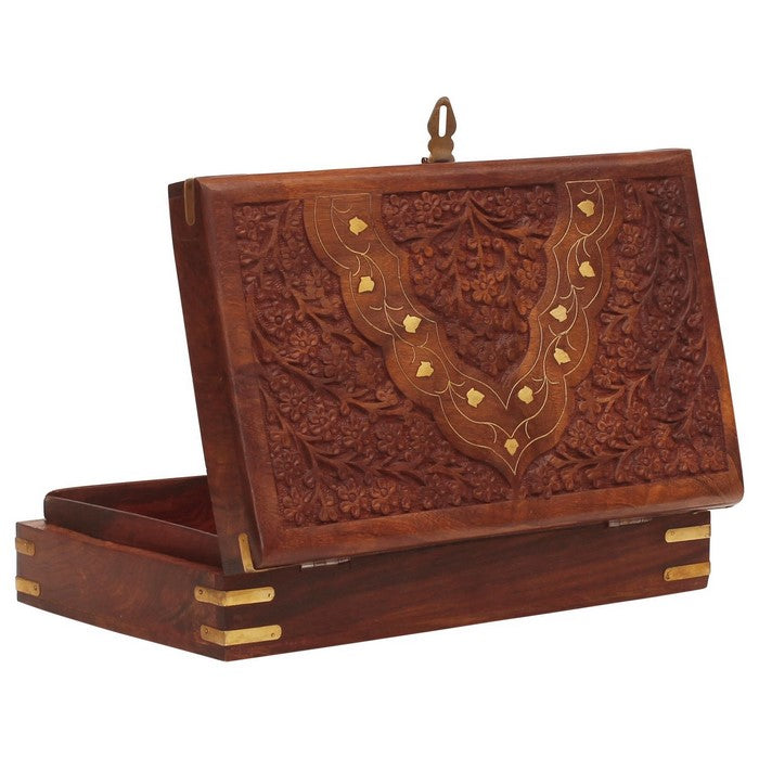 Benzara Handcrafted Floral Carving Jewelry Storage Box/Trinket Box, Brown
