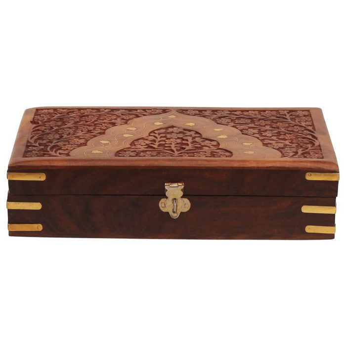 Benzara Handcrafted Floral Carving Jewelry Storage Box/Trinket Box, Brown