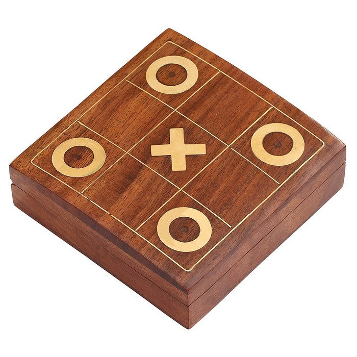 Handmade Tic Tac Toe XO Board Game With Metal Noughts and Crosses, Brown & Gold