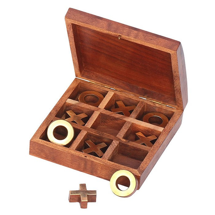 Handmade Tic Tac Toe XO Board Game With Metal Noughts and Crosses, Brown & Gold