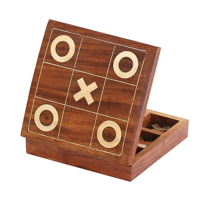 Handmade Tic Tac Toe XO Board Game With Metal Noughts and Crosses, Brown & Gold