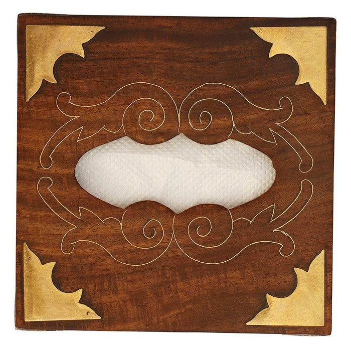Benzara Handmade Rosewood Etched Square Tissue Box Cover/Holder, Brown