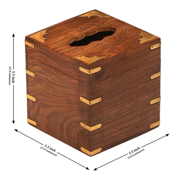Benzara Handmade Rosewood Etched Square Tissue Box Cover/Holder, Brown