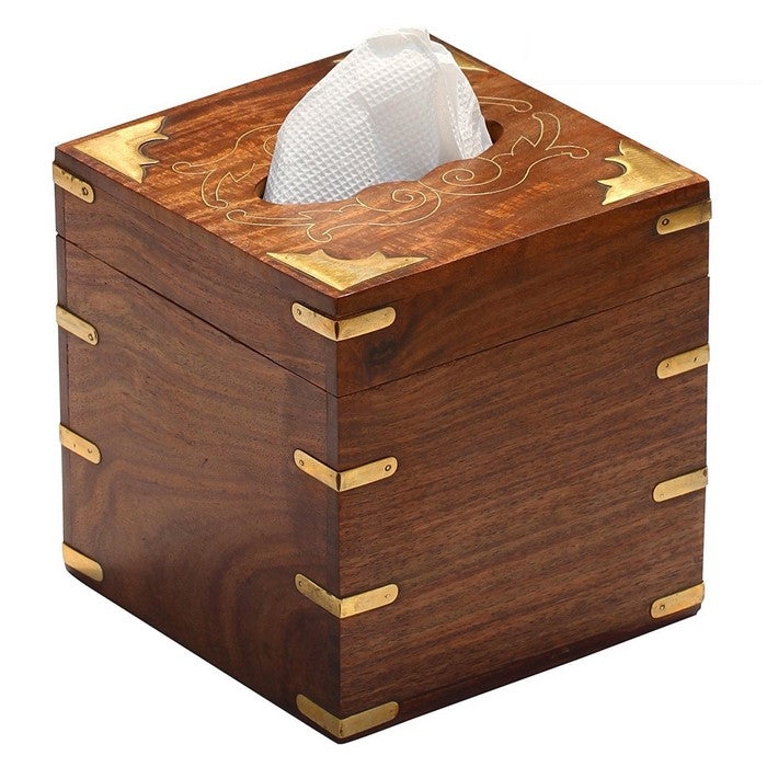 Benzara Handmade Rosewood Etched Square Tissue Box Cover/Holder, Brown