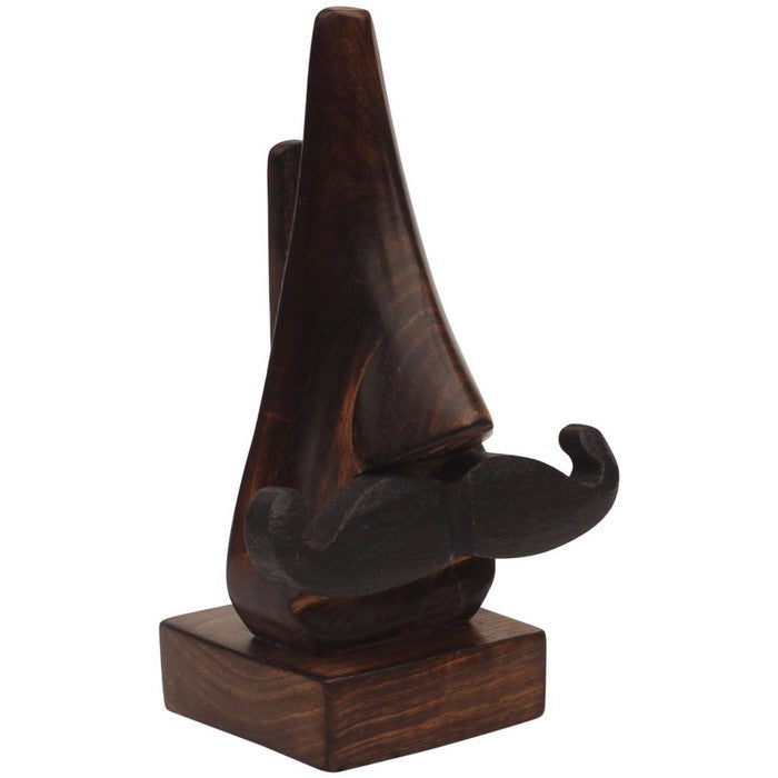 Benzara Hand Carved Wooden Nose Shaped Spectacle Holder With Mustache, Brown